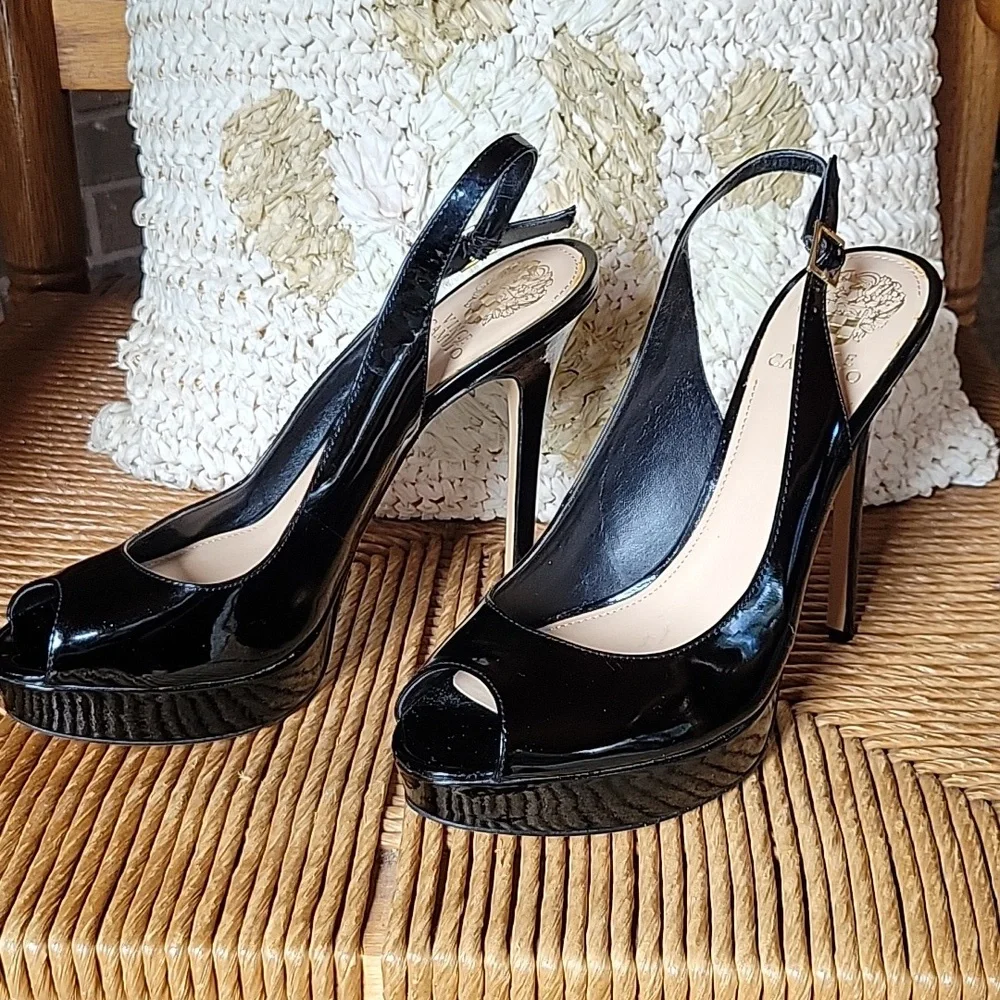 Vince Camuto Lavina black patent leather, platform, stilleto, peep toe heels 9.5